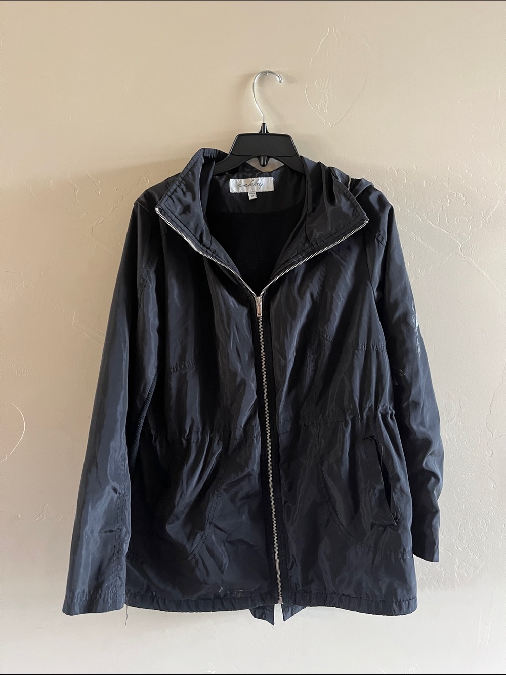 Sebby Black Hooded Windbreaker with Front Zip